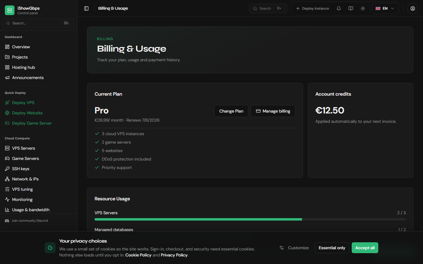 iShowGbps billing overview and account alerts