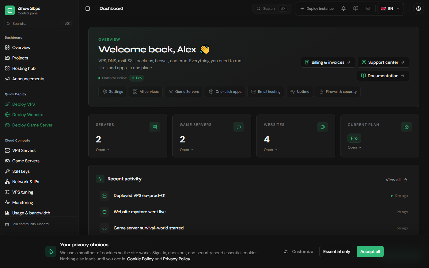 iShowGbps hosting dashboard with fleet status and billing