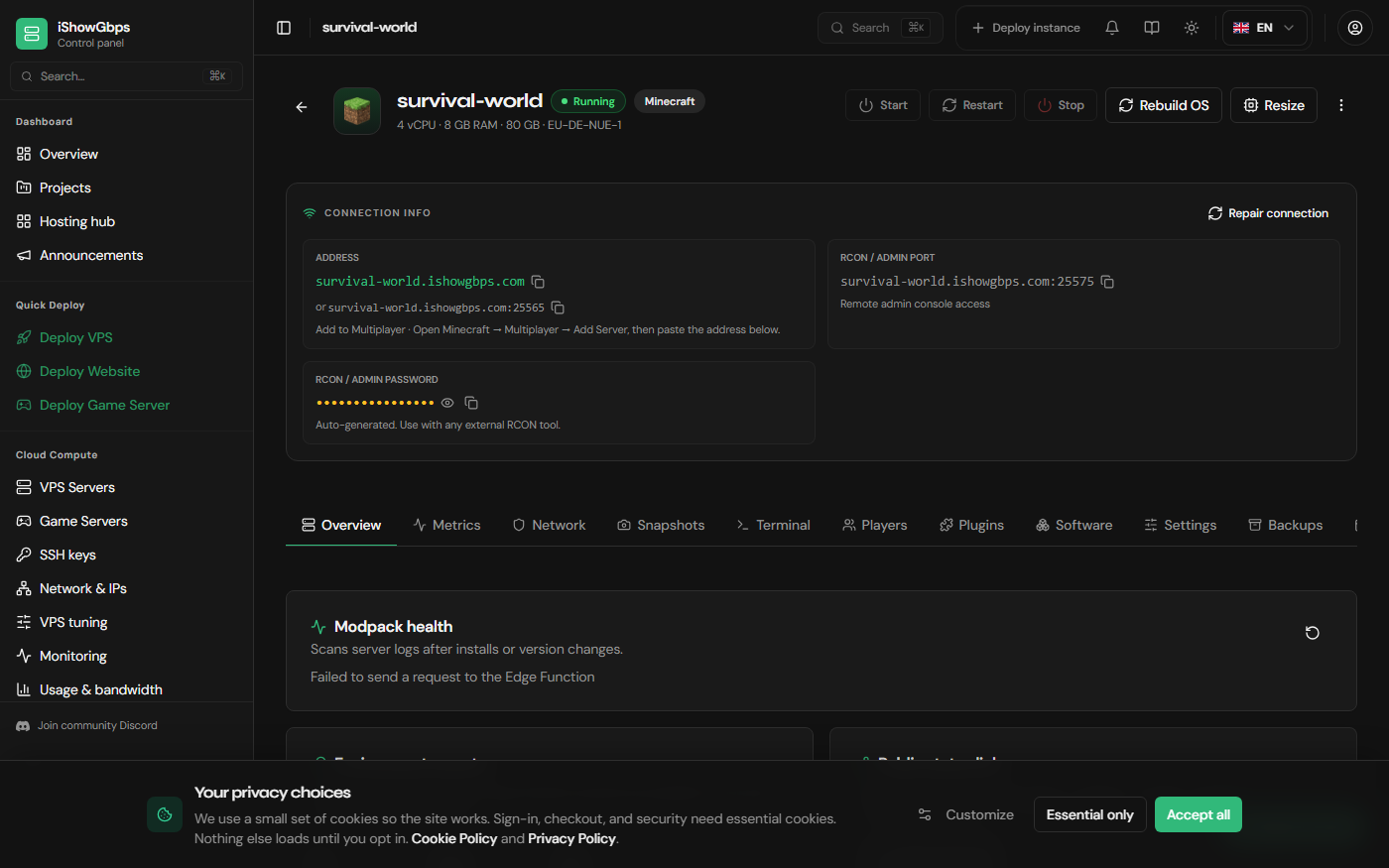 iShowGbps game server live console and controls