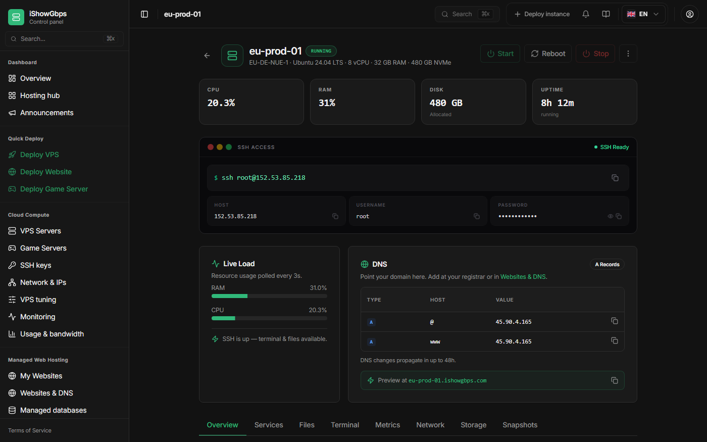 iShowGbps cloud VPS console and firewall